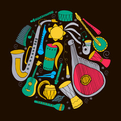 Set of hand drawn traditional Slavic, Ukrainian musical instruments in circle. Reed pipe, kobza, buhay, sopilka, bandura, pan flute etc. Music instruments in hand drawn style. Vector illustration. © Kate Antonenko