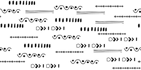 Black hand drawn stripes seamless monohrome pattern. Different elements