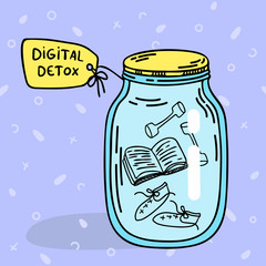Fototapeta na wymiar Digital detox Bank. Concept depicting a jar with items for digital detox. Reading books, playing sports, walking. Classes without a smartphone.