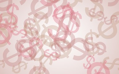 Multicolored translucent dollar signs on white background. Red tones. 3D illustration