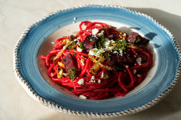 Beet Spaghetti Pasta with Beetroot Slices, Feta Cheese, Walnut and Dill.