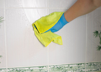 Cleaning Bathroom Tile Wall close up