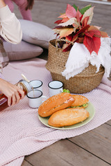 A picnic in the countryside. Tea in tin cups. Family picnic. Picnic with sandwiches. 