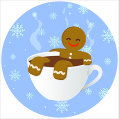 Gingerbread man chilling in the cup of hot chocolate on the snowflakes background. Winter holiday.