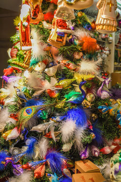 Christmas decorations and ornaments on the market in Vienna. For sale on Christmas fair in Europe