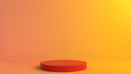 3D Render of Abstract Yellow and Orange Background and Red Podium. Abstract Minimal Studio. Warm lighting.