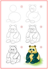 Page shows how to learn to draw step by step cute little toy panda. Developing children skills for drawing and coloring. Printable worksheet for kids school exercise book. Flat vector illustration. © nataljacernecka