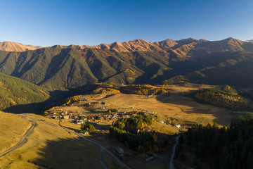 Aerial view of the village of Omalo and the surrounding mountains in the Tusheti region.
