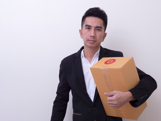 Shop assistant brings the parcel, isolated, white background