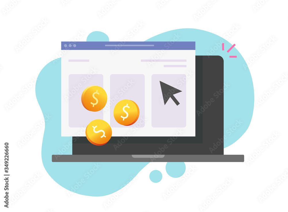Poster pay per click or cost per click website money earning online on computer vector icon flat cartoon, w