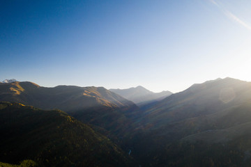 Aerial view of the village of Omalo and the surrounding mountains in the Tusheti region.
