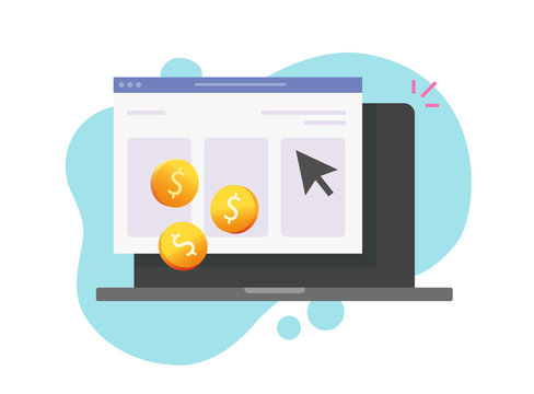Pay per click or cost per click website money earning online on computer vector icon flat cartoon, web or internet tech, coins cash income from advertising clicking, ppc or cpc symbol modern image