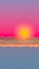 Sun Sea Beach. Sunrise. Ocean shore line with waves on a beach. Island beach paradise with waves. Vacation, summer, relaxation. Seascape, seashore. Minimalist landscape, primitivism. 3D illustration