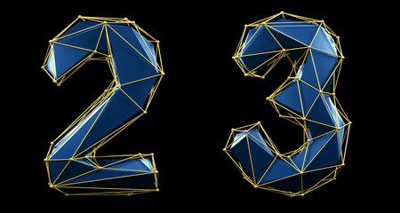 Number set 2, 3 made of blue color glass. Collection symbols of low poly style blue color glass isolated on black background 3d
