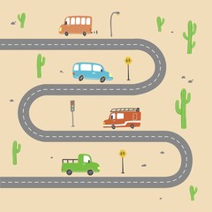 Set of cartoon cute kids and toy style cars and other transport, truck, taxi, fire truck, ship, excavator, bus, air balloon. Isolated vector illustration.