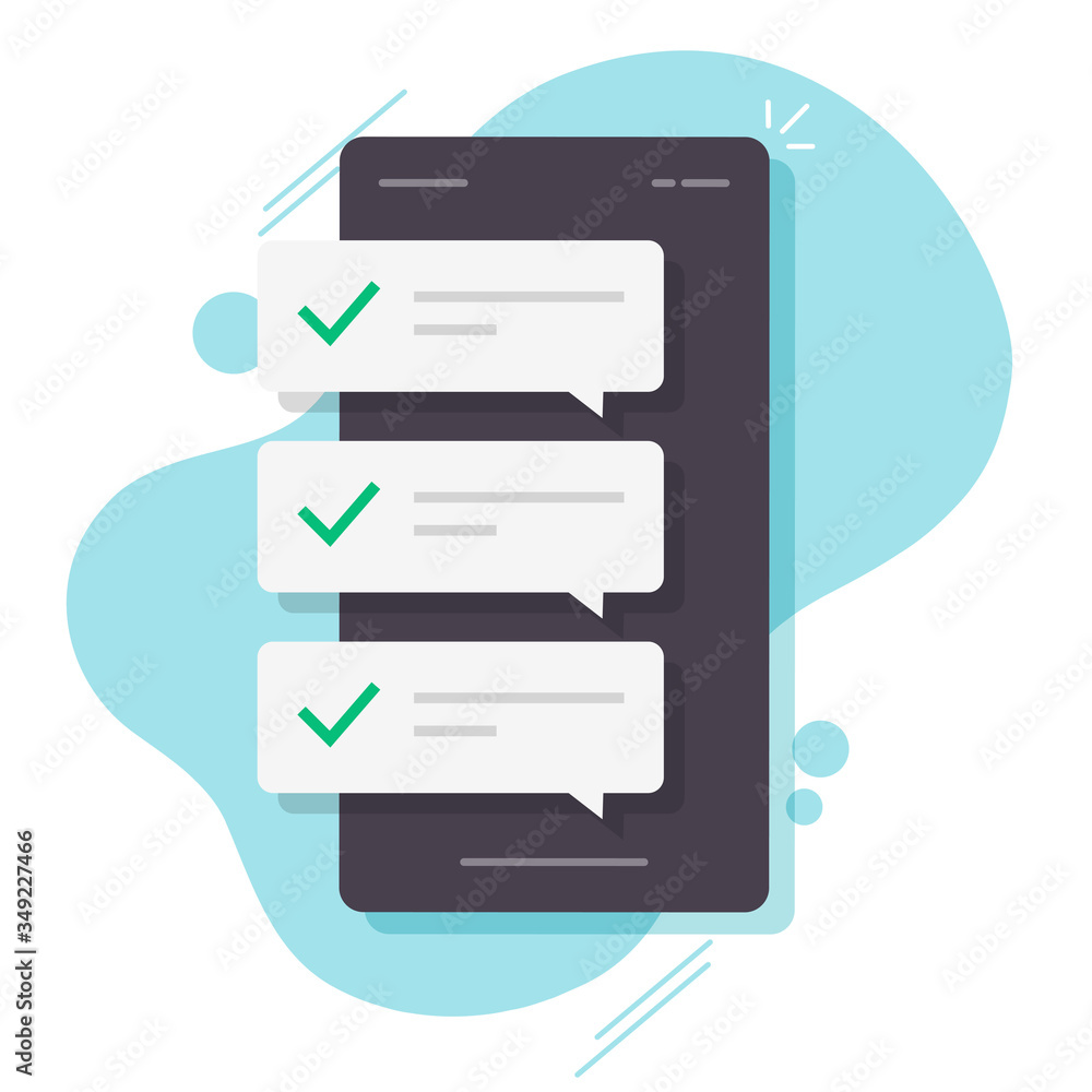 Poster Message bubble notifications with check marks on mobile phone or smartphone sms push notes with ticks vector flat cartoon, illustrated cellphone with success update or complete alerts modern image