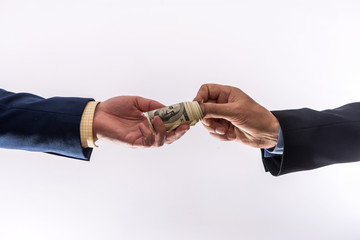 Business people transfer us money isolated on gray background