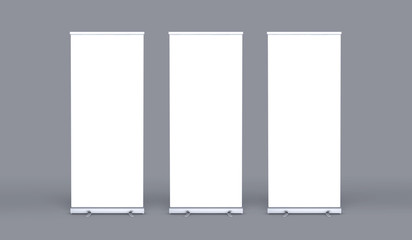 Empty three rollup banners stand. Blank template mockups. Exhibition stand 3 roll-up banners, screen for you design. Vertical white roll up for preview.