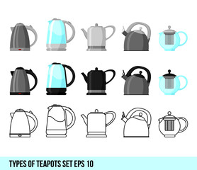 Vector illustration of logo for ceramic electric and gas teapot,glass and iron kettles teapots with handle, lid, spout for draining liquid coffee, tea. Kettle teas in teapots. Realistic flat style