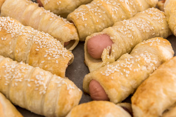 Freshly bakery sausage in dough