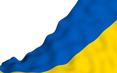 The flag of Ukraine on a white background. National flag and state ensign. Blue and yellow bicolour. 3D illustration waving flag