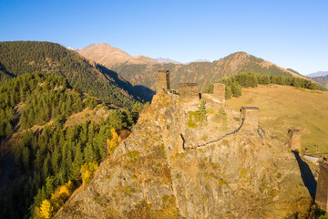 Aerial view of the village of Omalo and the surrounding mountains in the Tusheti region.