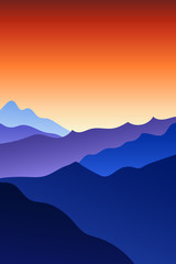 Fototapeta na wymiar Flat natural landscape with mountain peaks & red gradient sky at sunrise. Vacation & outdoor activities vertical image. Recreation & meditation texture concept. Serenity vector illustration background