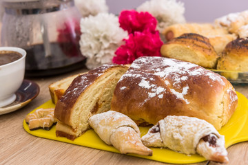 Homemade baking with powdered sugar as traditional holiday cookie closeup.