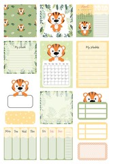 Set of little tiger and cute vector cards, printable, tags, cards, templates, Notes, Stickers, Labels,Scrapbooking, Congratulations, Invitations. Vector illustrations