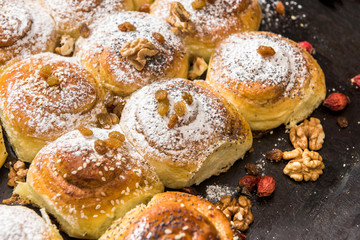 Homemade baking with powdered sugar as traditional holiday cookie closeup.