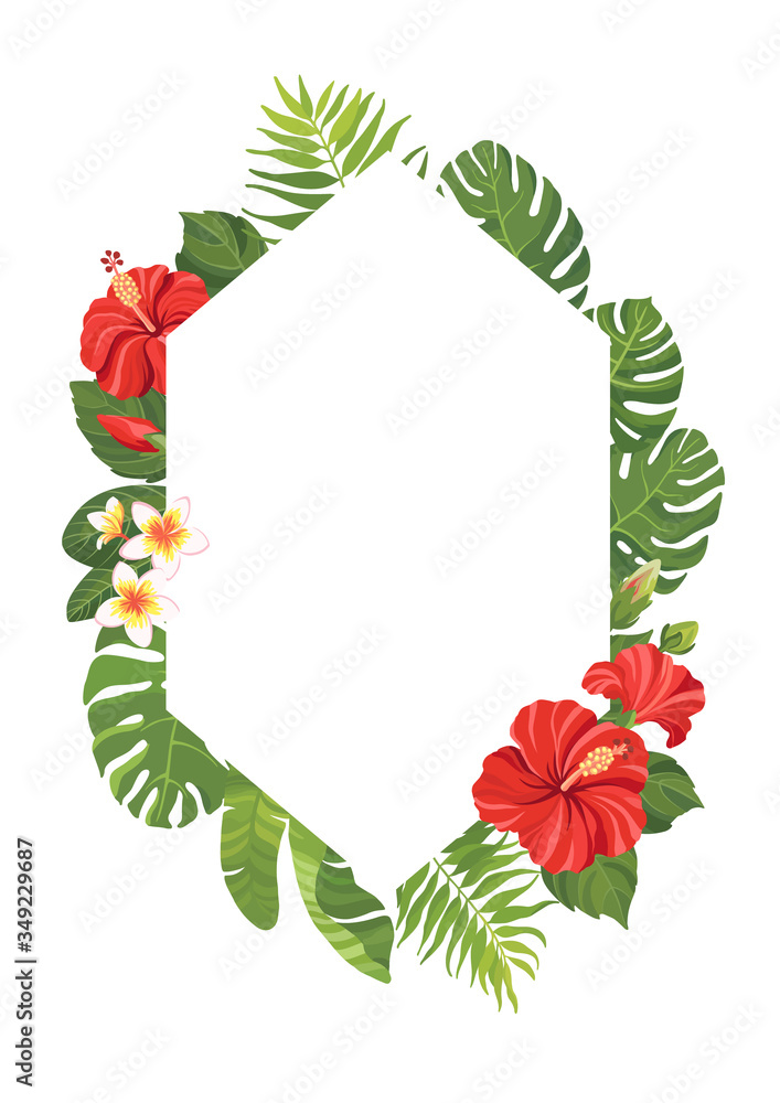 Wall mural Red tropical flowers and green leaves polygonal frame template. Hibiscus floral border with place for text. Vector illustration.