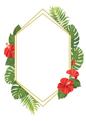 Red tropical flowers and green leaves polygonal frame template. Hibiscus floral border with place for text. Vector illustration.