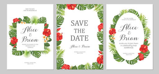 Wedding invitation set. Cards with red flowers hibiscus and tropical green leaves. Floral border. Save the date, invite, birthday card design. Vector illustration.
