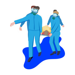 Doctors in blue protective coveralls carry patient on stretcher. Transportation of patient by virus. Vector isolated on white background.