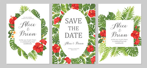 Wedding invitation set. Cards with red flowers hibiscus and tropical green leaves. Floral border. Save the date, invite, birthday card design. Vector illustration.