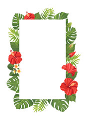 Red tropical flowers and green leaves frame template. Hibiscus floral border with place for text. Vector illustration. © artnata
