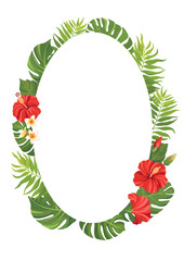 Red tropical flowers and green leaves frame template. Hibiscus floral border with place for text. Vector illustration.