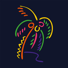 Neon style palm tree logo on dark background.