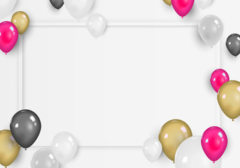 Colorful balloons on white blank space with horizontal frame. Festive party background or birtday concept.