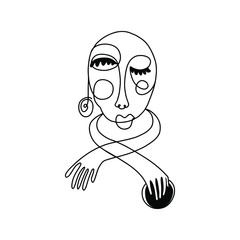 Fashionable woman portrait in one line style. Minimalistic vector outline. Suitable for home decor, poster, print on clothes, dishes, phone cases.
