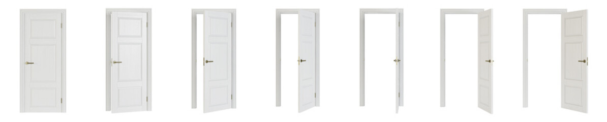 Interroom door isolated on white background. Set of wooden doors at different stages of opening. 3D rendering.