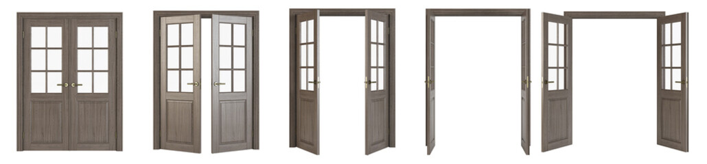 Interroom door isolated on white background. Set of wooden doors at different stages of opening. 3D rendering.