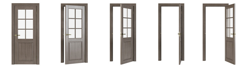 Interroom door isolated on white background. Set of wooden doors at different stages of opening. 3D rendering.