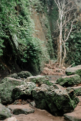 Amazing waterfall Tibumana in Bangli, Bali Indonesia, a stunning island. Jungle waterfall the best cascade in tropical rain forest with rock & turquoise blue pond.