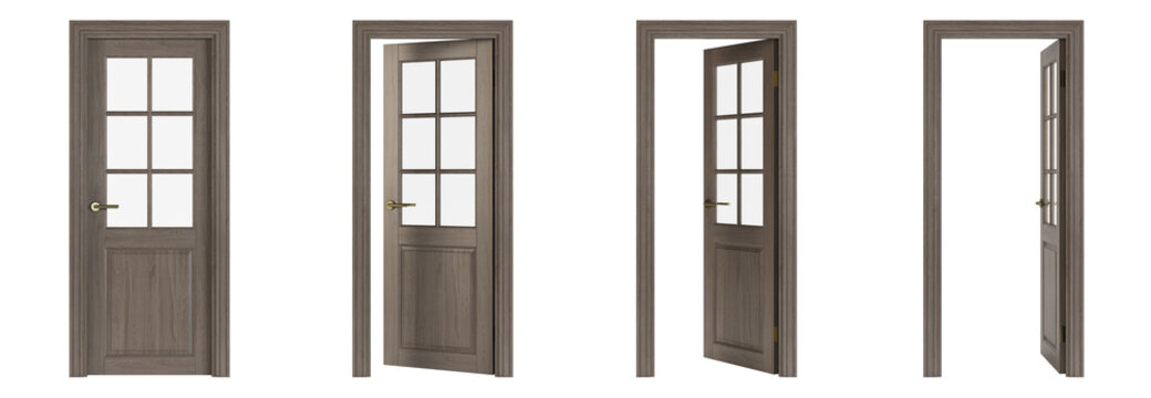 Interroom door isolated on white background. Set of wooden doors at different stages of opening. 3D rendering.