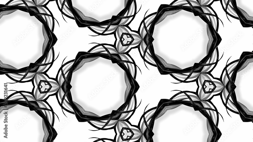 Poster black and white stripes are twisted forming complex symmetric periodic structures like ornament patt