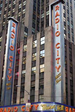 Manhattan, New York City, New York, United States - Neon signs of Radio City Music Hall.