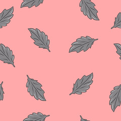 Fototapeta na wymiar Pink seamless vector pattern with gray leaves. Art continuous illustration modern
