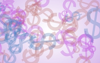 Multicolored translucent dollar signs on white background. Red tones. 3D illustration
