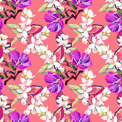 Jasmine and exotic flowers seamless pattern.